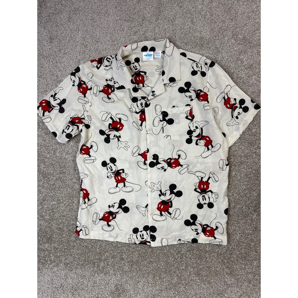 Disney Mickey and Friends All Over Print Button Down Shirt Cream Mens Medium